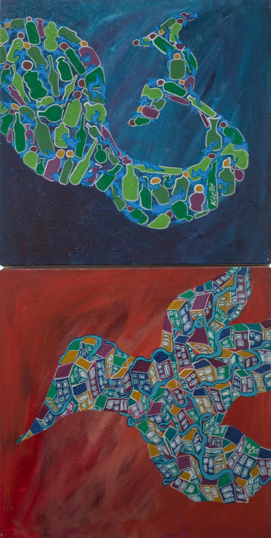 Composite Fish and Bird (2007) acrylic on canvas (2 panels) 0.60H x 0.30W meters