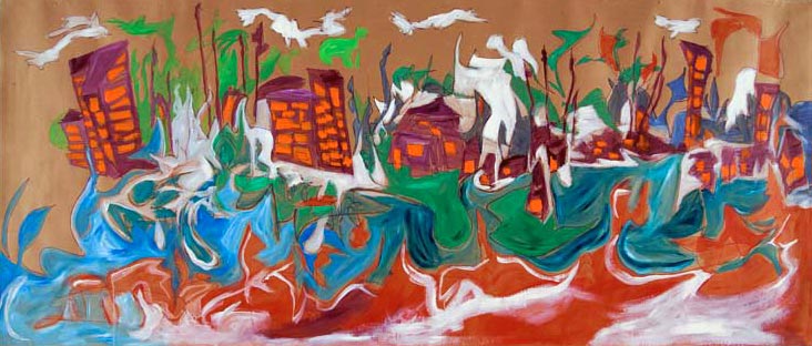 Hyderabad Monsoon (2006) acrylic on paper, 1.22H x 2.74W meters